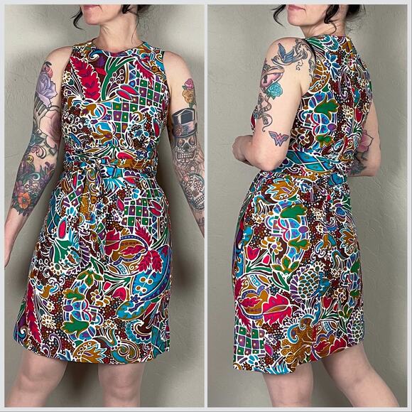 Vintage 1960s  Sleeveless Colorful Polished Cotton Minidress - Picture 4 of 9
